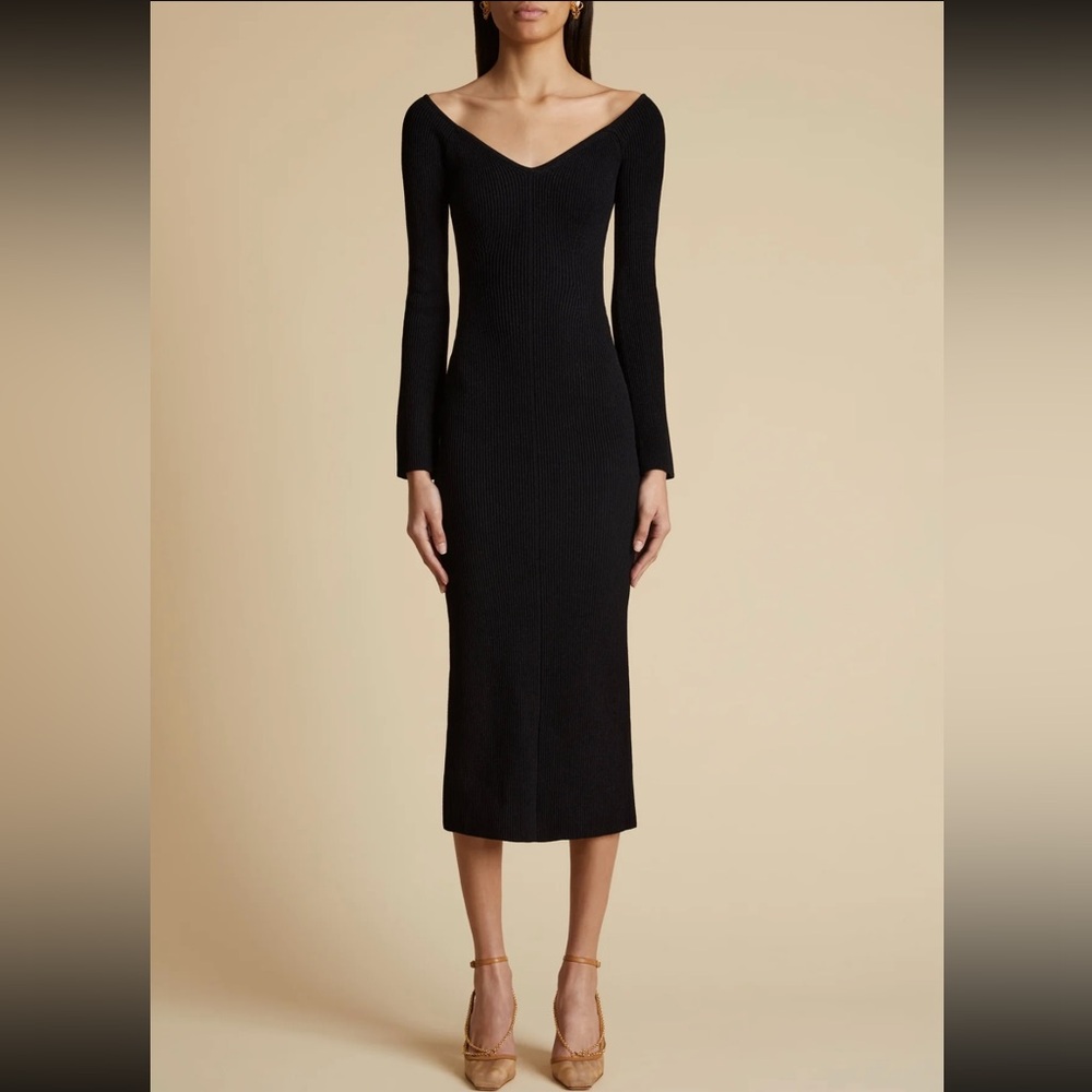 Off-Shoulder Long Sleeve Black Midi Dress